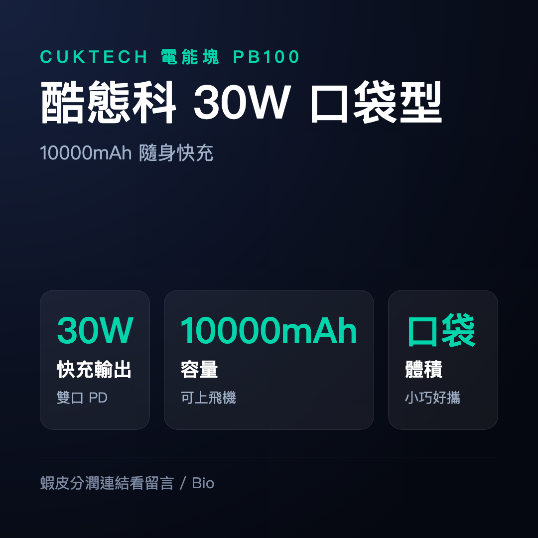【蝦皮直營】酷態科 30W口袋型10000mAh行動電源 PB100 Wh 可上飛機 快充 行充 小米 生態圈 CCC